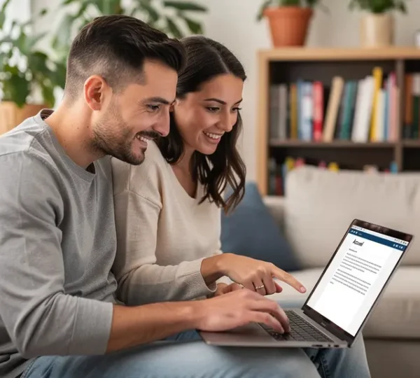 Couple français consultant une simulation de crédit immobilier sur ordinateur portable dans leur salon