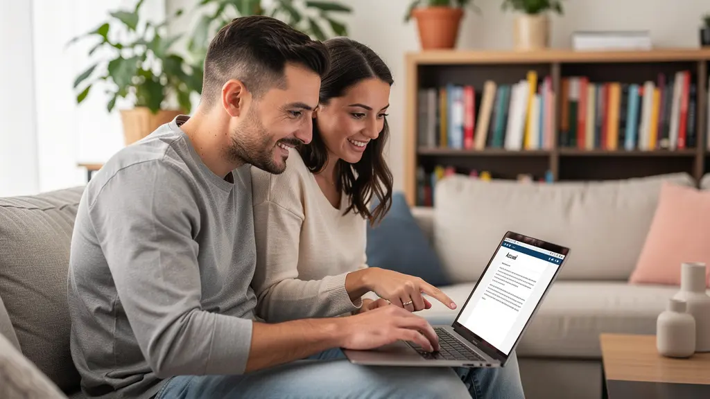 Couple français consultant une simulation de crédit immobilier sur ordinateur portable dans leur salon