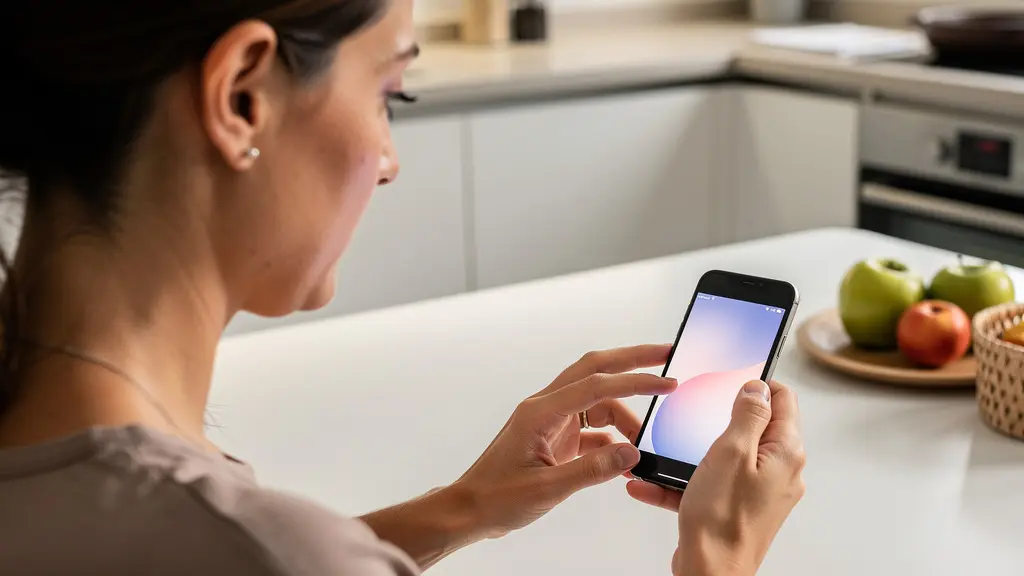 Personne réalisant une simulation de prêt immobilier sur smartphone dans sa cuisine