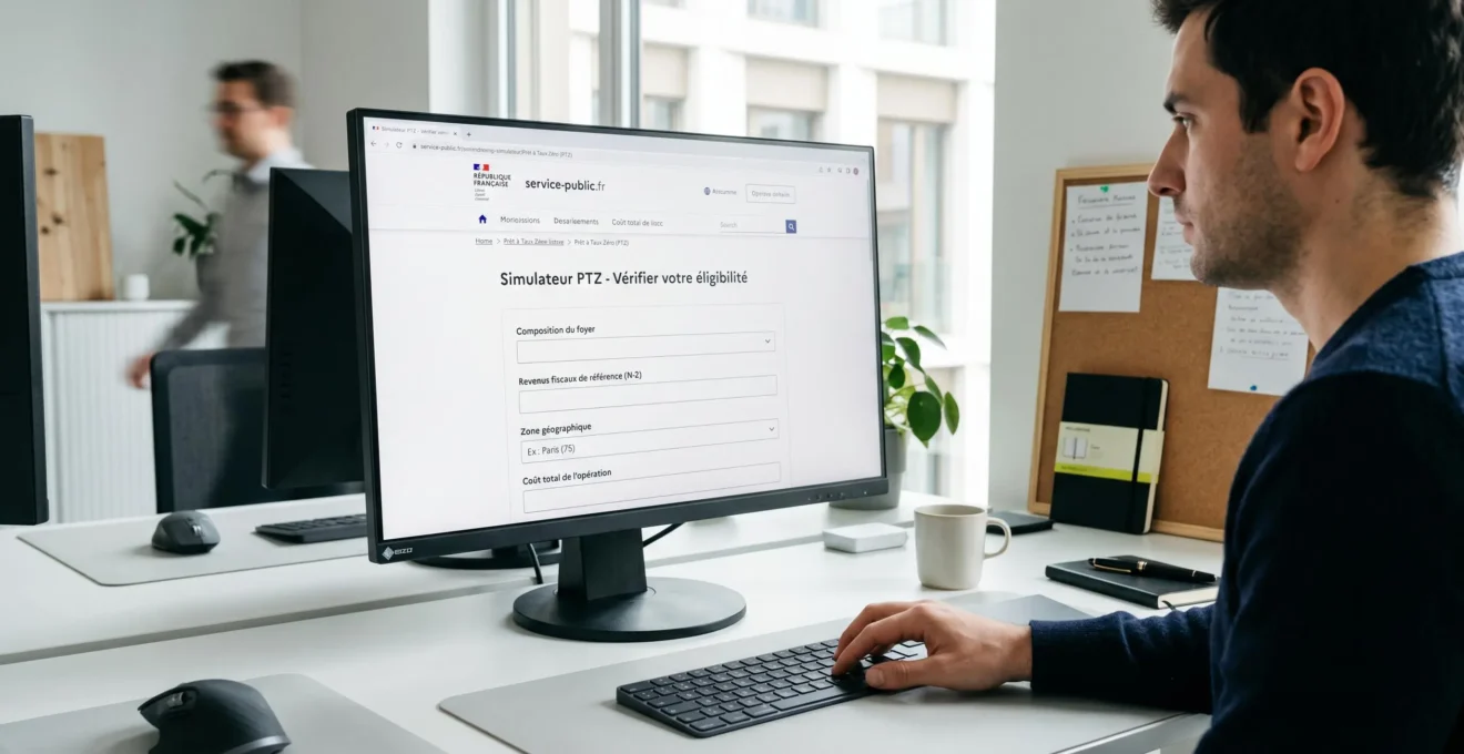 Écran d'ordinateur affichant le simulateur officiel d'éligibilité PTZ sur service-public.fr avec formulaire de saisie des critères, main d'utilisateur sur clavier au premier plan