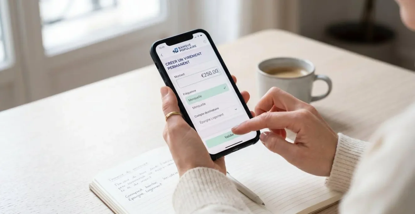 Gros plan d'une main configurant un virement automatique mensuel vers un compte épargne logement sur une application bancaire mobile, interface en français