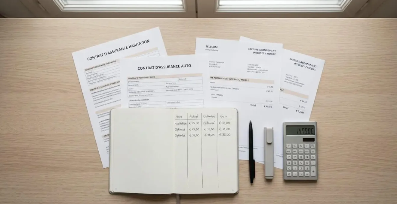 Vue de dessus d'une table de travail avec contrats d'assurance et factures d'abonnements étalés, calculatrice et carnet de notes avec colonnes d'optimisation budgétaire manuscrites